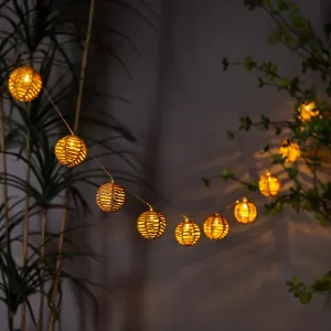 10 Pack Rattan Lantern Solar Garden String Lights Decoration Warm White LED - 1.8m by Bright Garden