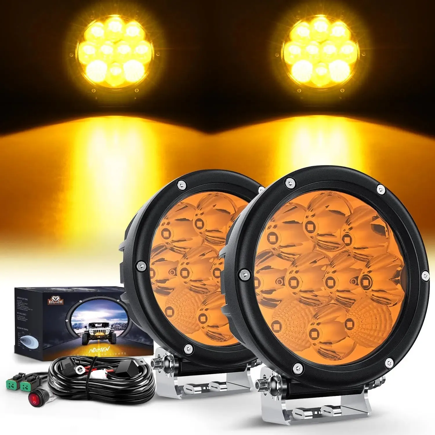5.7 Inch 50W 5040LM Round Yellow Spot Flood LED Work Lights (Pair) | 16AWG DT Wire