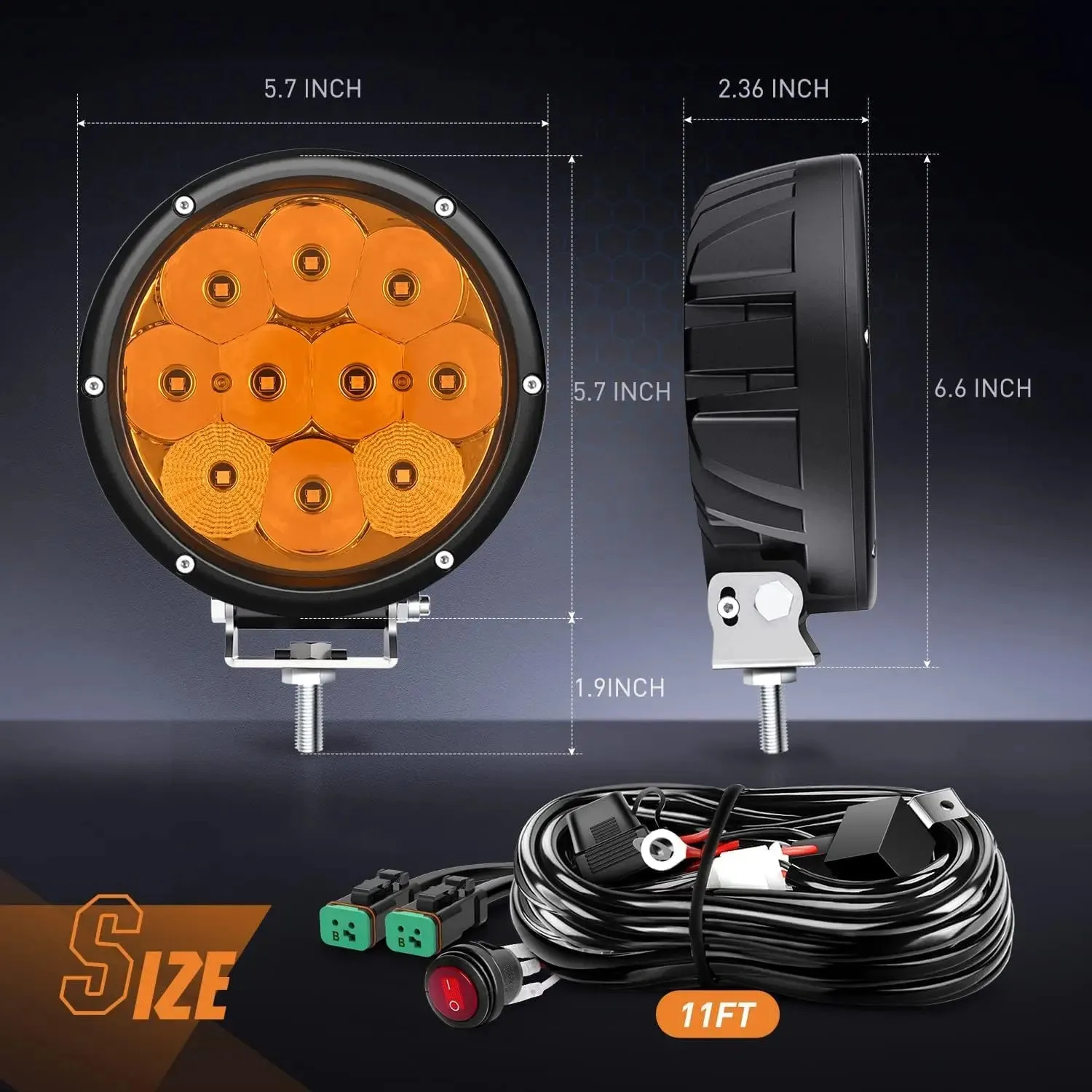 5.7 Inch 50W 5040LM Round Yellow Spot Flood LED Work Lights (Pair) | 16AWG DT Wire