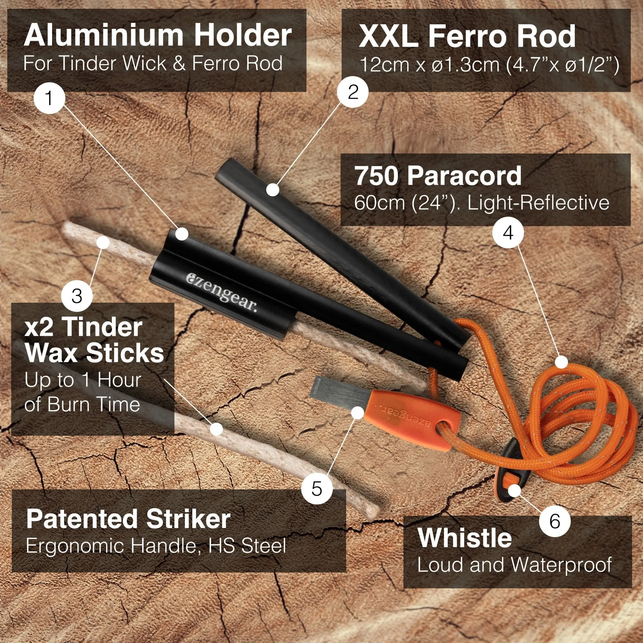 aZengear Flint Steel Pro Fire Starter, XXL Ferro Rod, Striker, Tinder Wick Rope, 750 Paracord