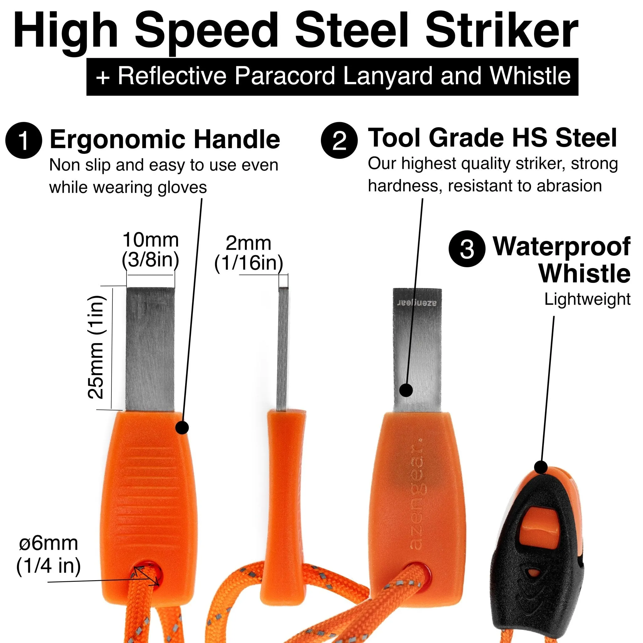 aZengear Flint Steel Pro Fire Starter, XXL Ferro Rod, Striker, Tinder Wick Rope, 750 Paracord