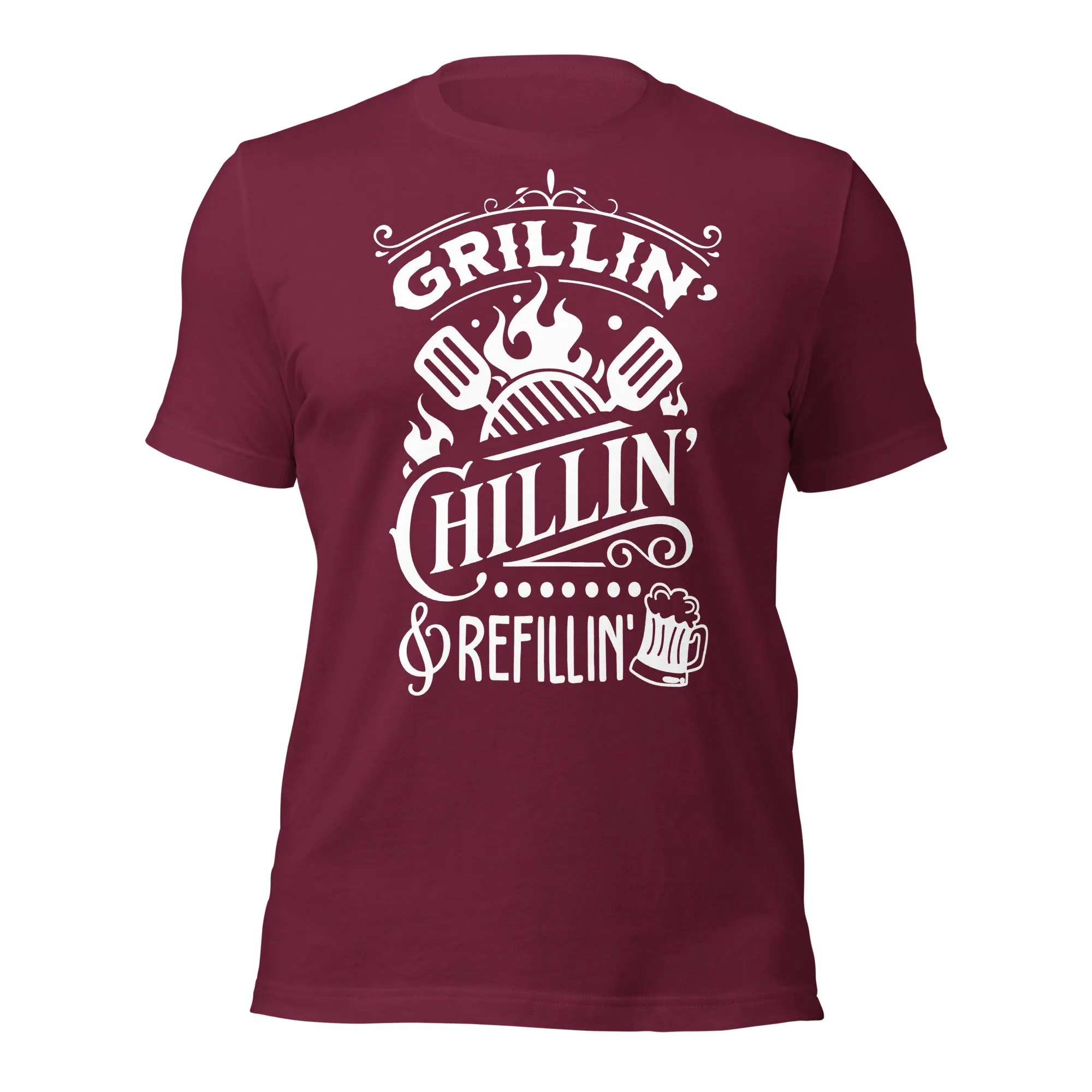 Grilling, Chilling, and Refilling Unisex T-shirt – Perfect for BBQ Lovers & Beer Fans