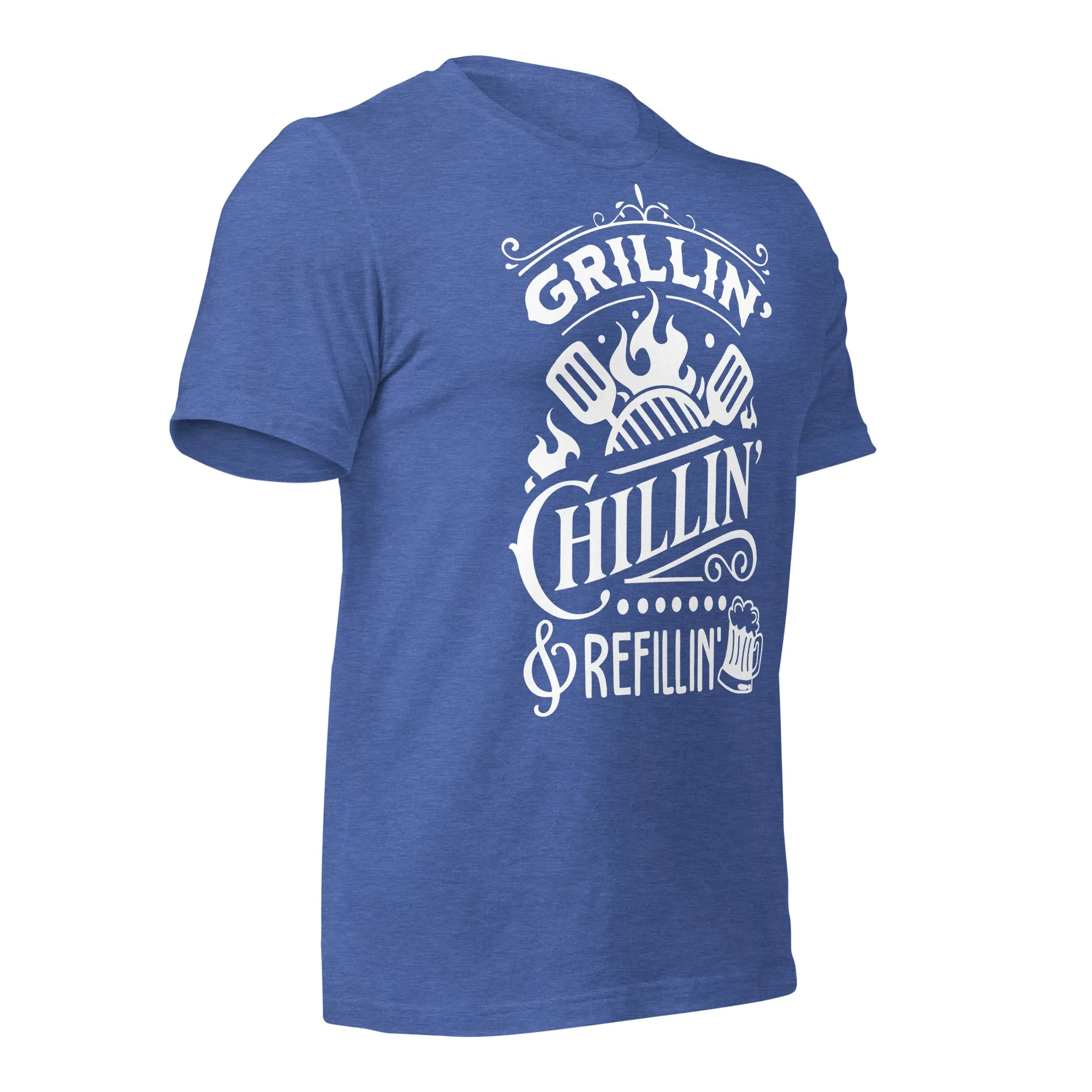 Grilling, Chilling, and Refilling Unisex T-shirt – Perfect for BBQ Lovers & Beer Fans