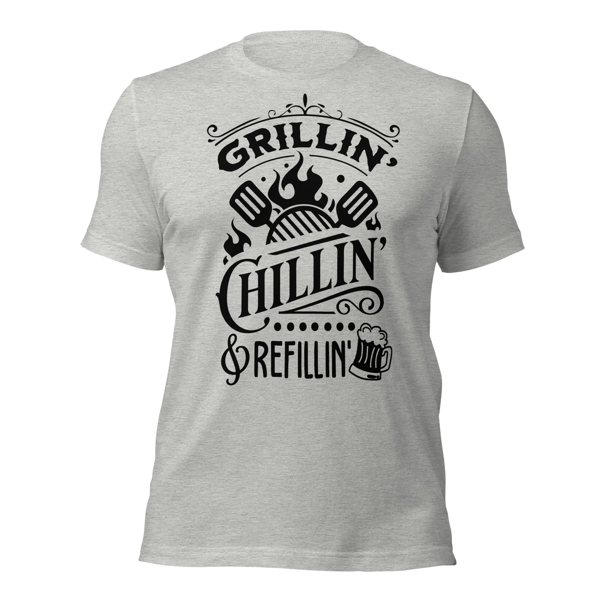 Grilling, Chilling, and Refilling Unisex T-shirt – Perfect for BBQ Lovers & Beer Fans