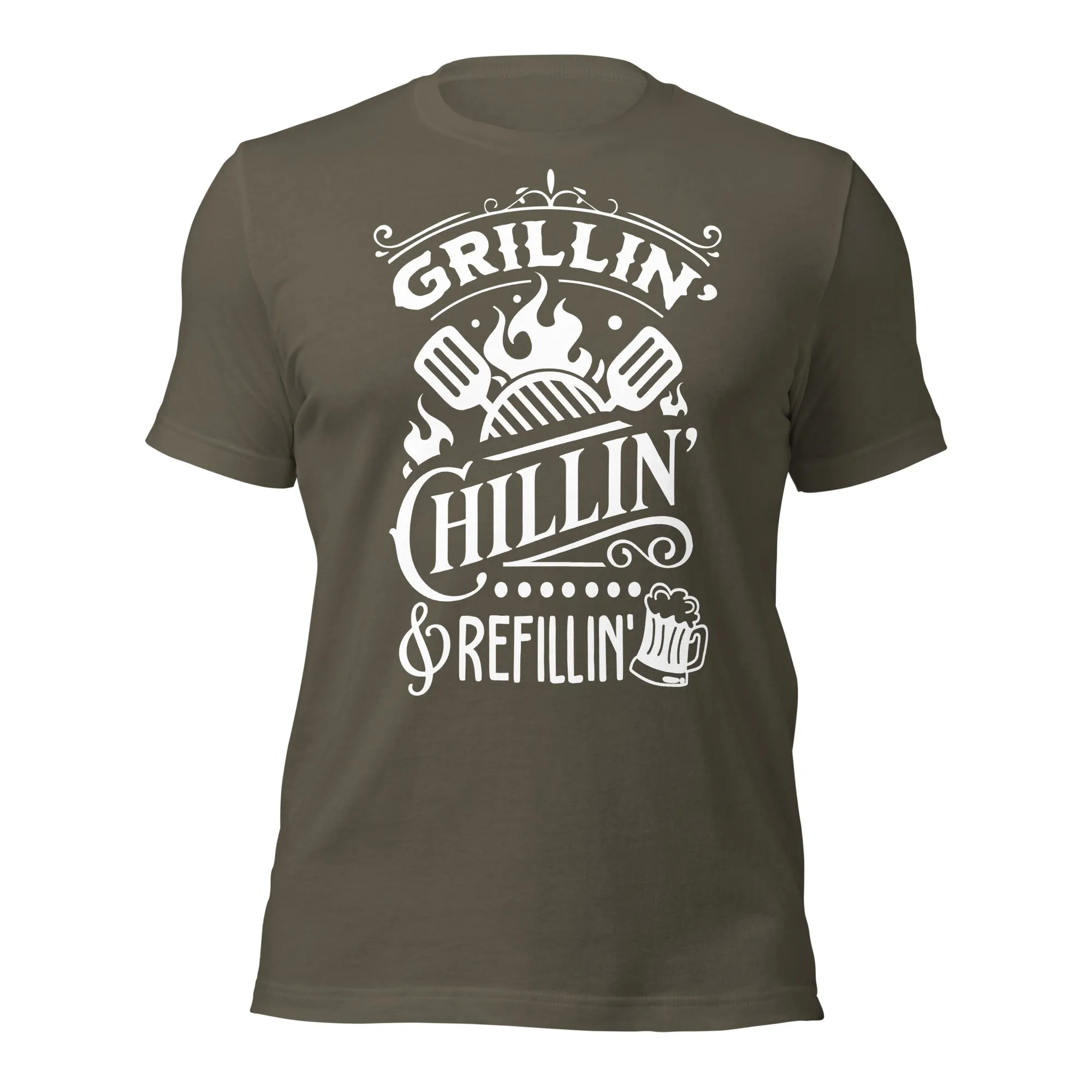 Grilling, Chilling, and Refilling Unisex T-shirt – Perfect for BBQ Lovers & Beer Fans