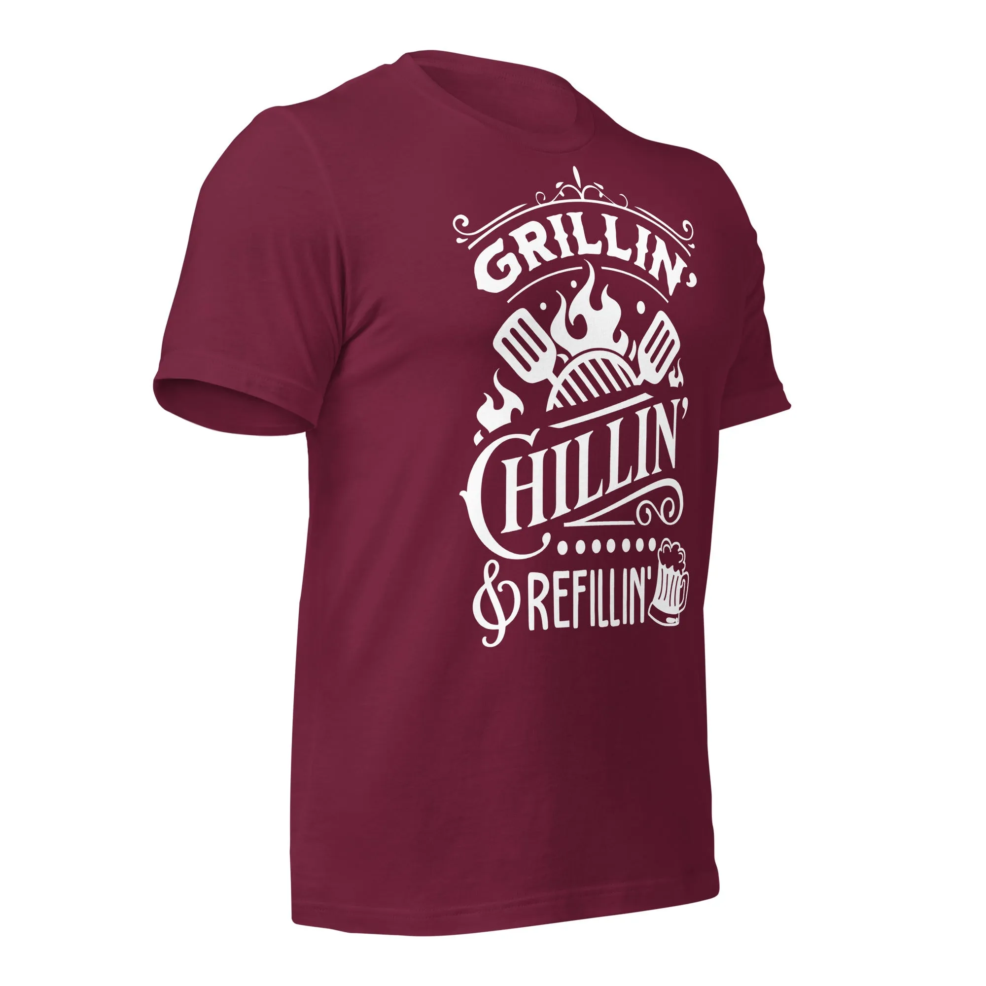Grilling, Chilling, and Refilling Unisex T-shirt – Perfect for BBQ Lovers & Beer Fans