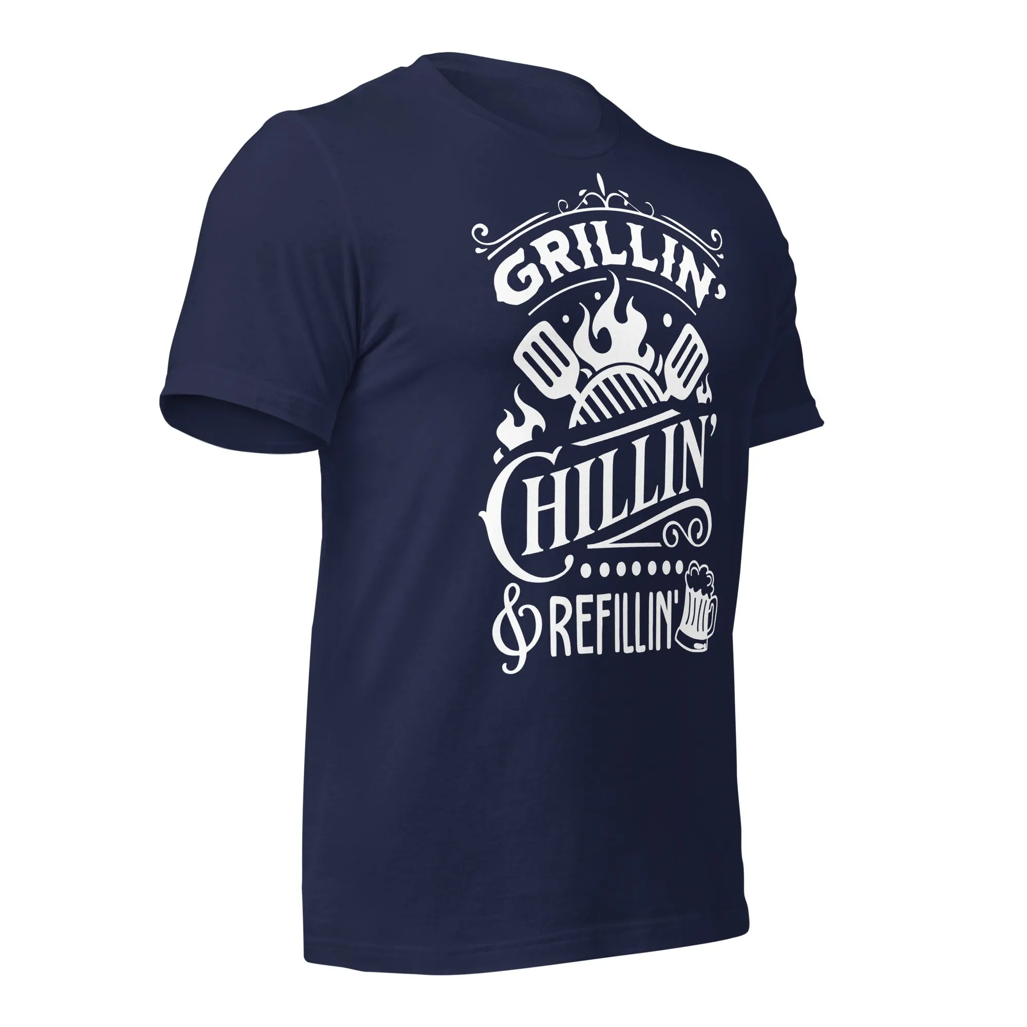 Grilling, Chilling, and Refilling Unisex T-shirt – Perfect for BBQ Lovers & Beer Fans