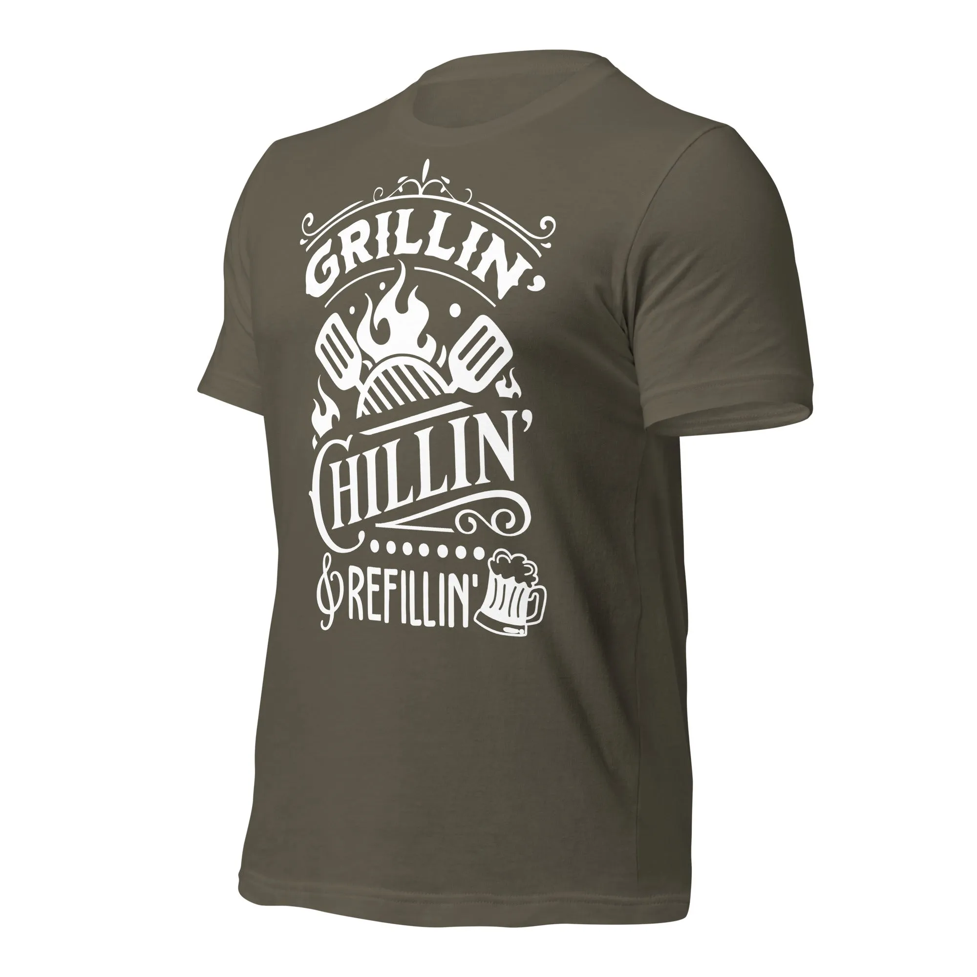 Grilling, Chilling, and Refilling Unisex T-shirt – Perfect for BBQ Lovers & Beer Fans