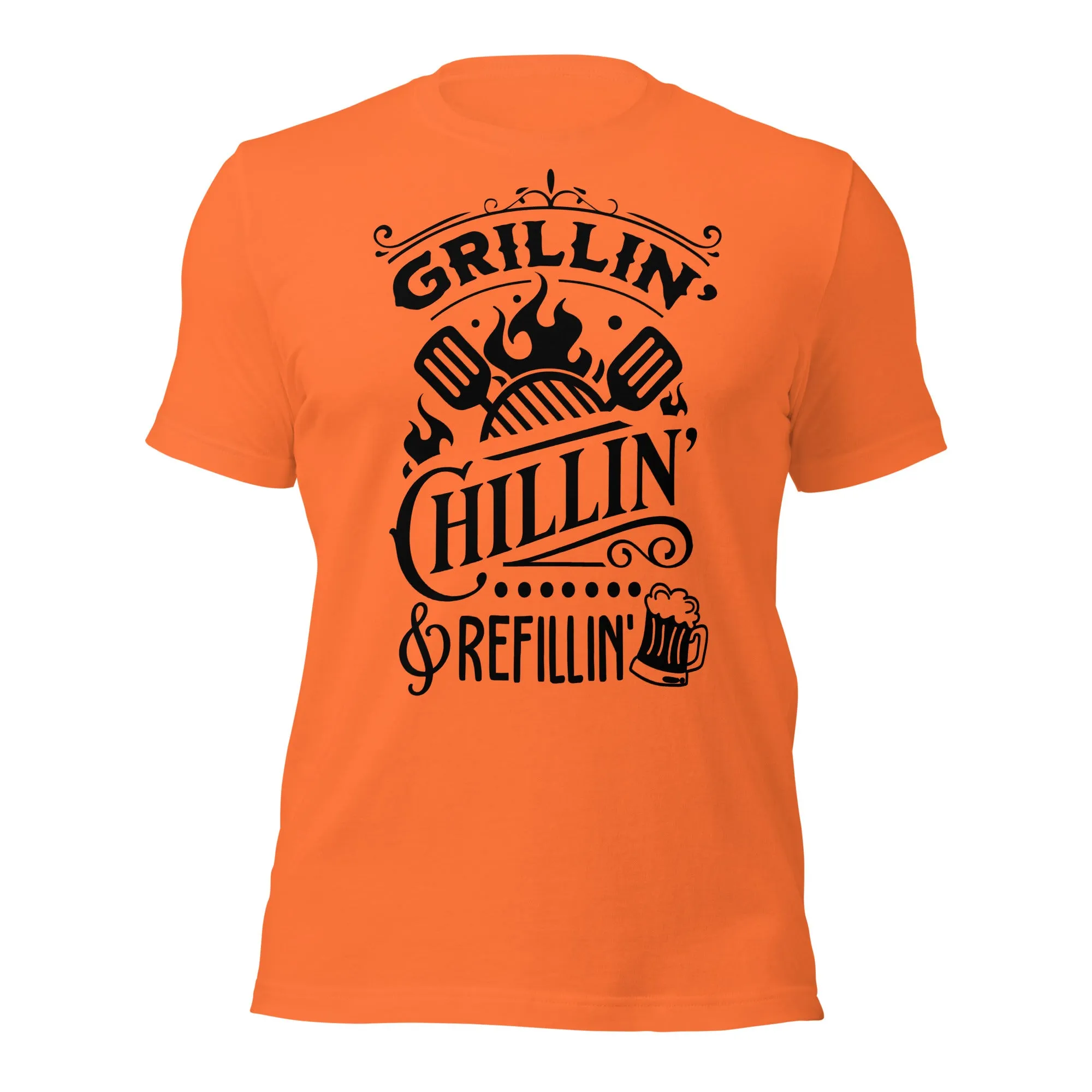 Grilling, Chilling, and Refilling Unisex T-shirt – Perfect for BBQ Lovers & Beer Fans