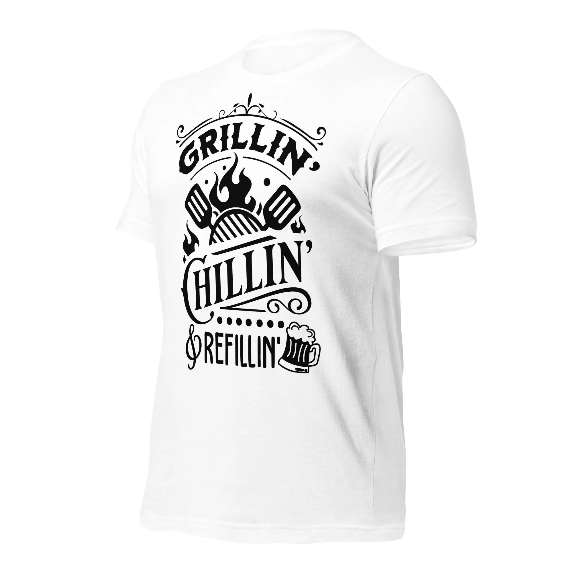 Grilling, Chilling, and Refilling Unisex T-shirt – Perfect for BBQ Lovers & Beer Fans