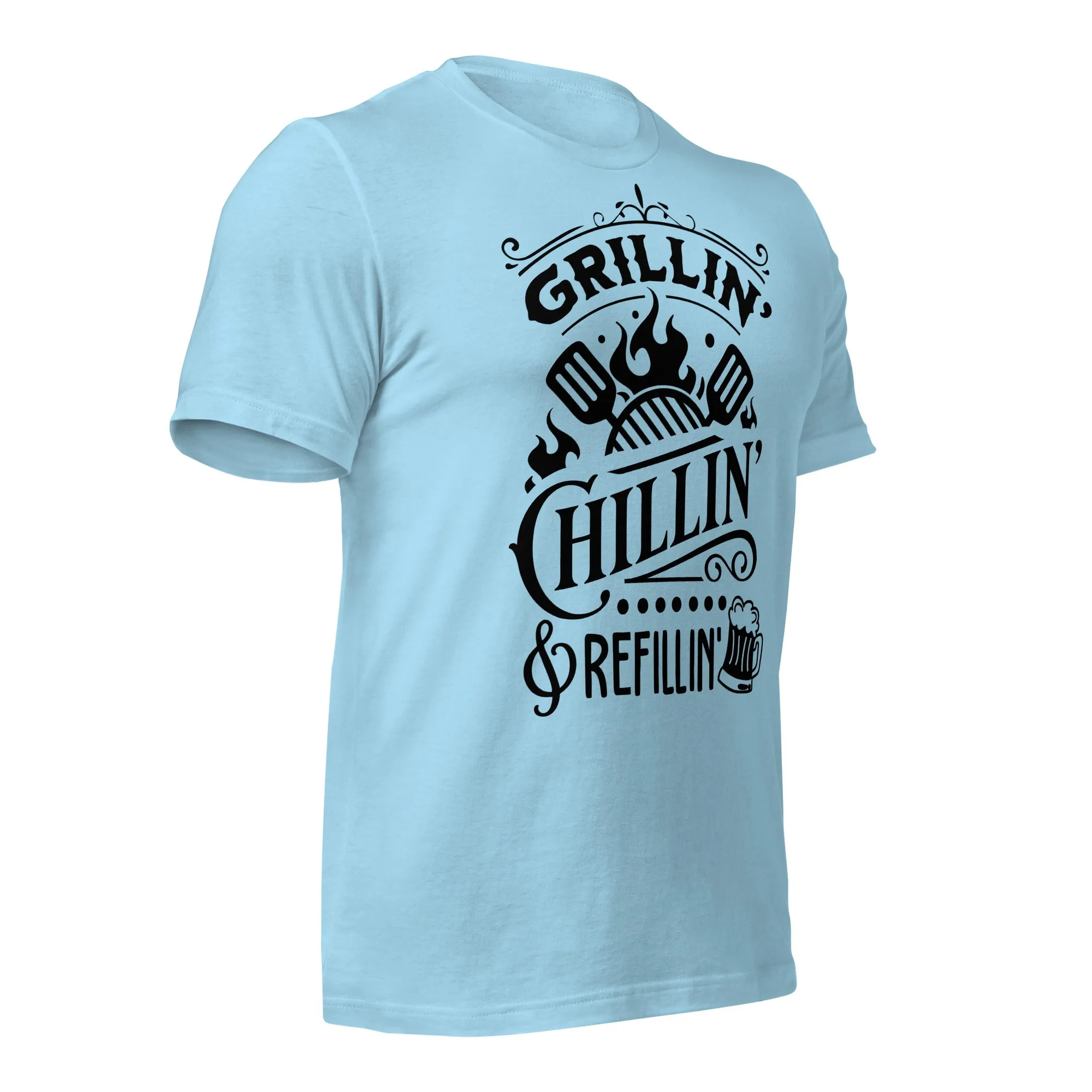 Grilling, Chilling, and Refilling Unisex T-shirt – Perfect for BBQ Lovers & Beer Fans
