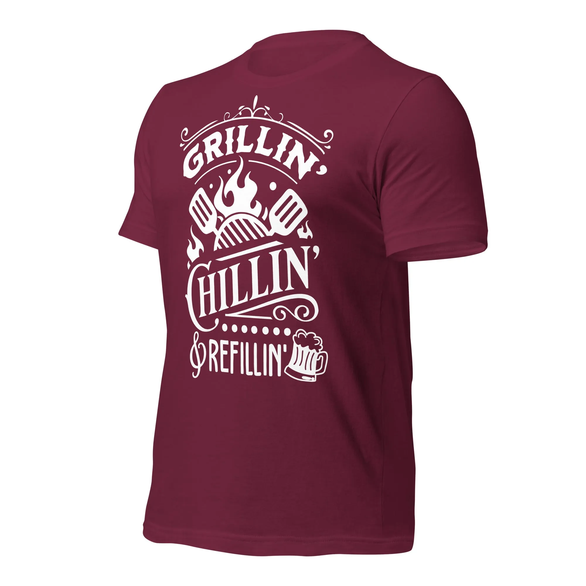 Grilling, Chilling, and Refilling Unisex T-shirt – Perfect for BBQ Lovers & Beer Fans