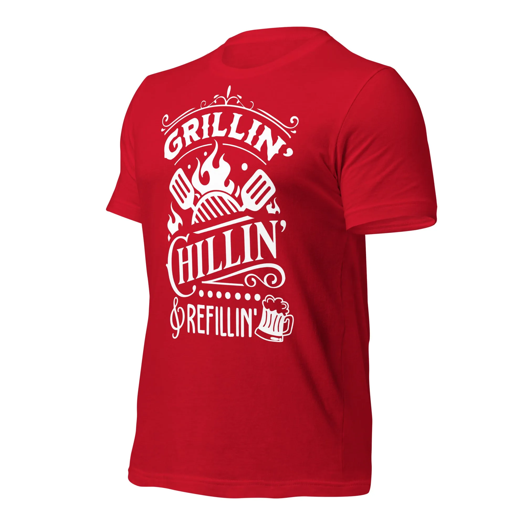Grilling, Chilling, and Refilling Unisex T-shirt – Perfect for BBQ Lovers & Beer Fans
