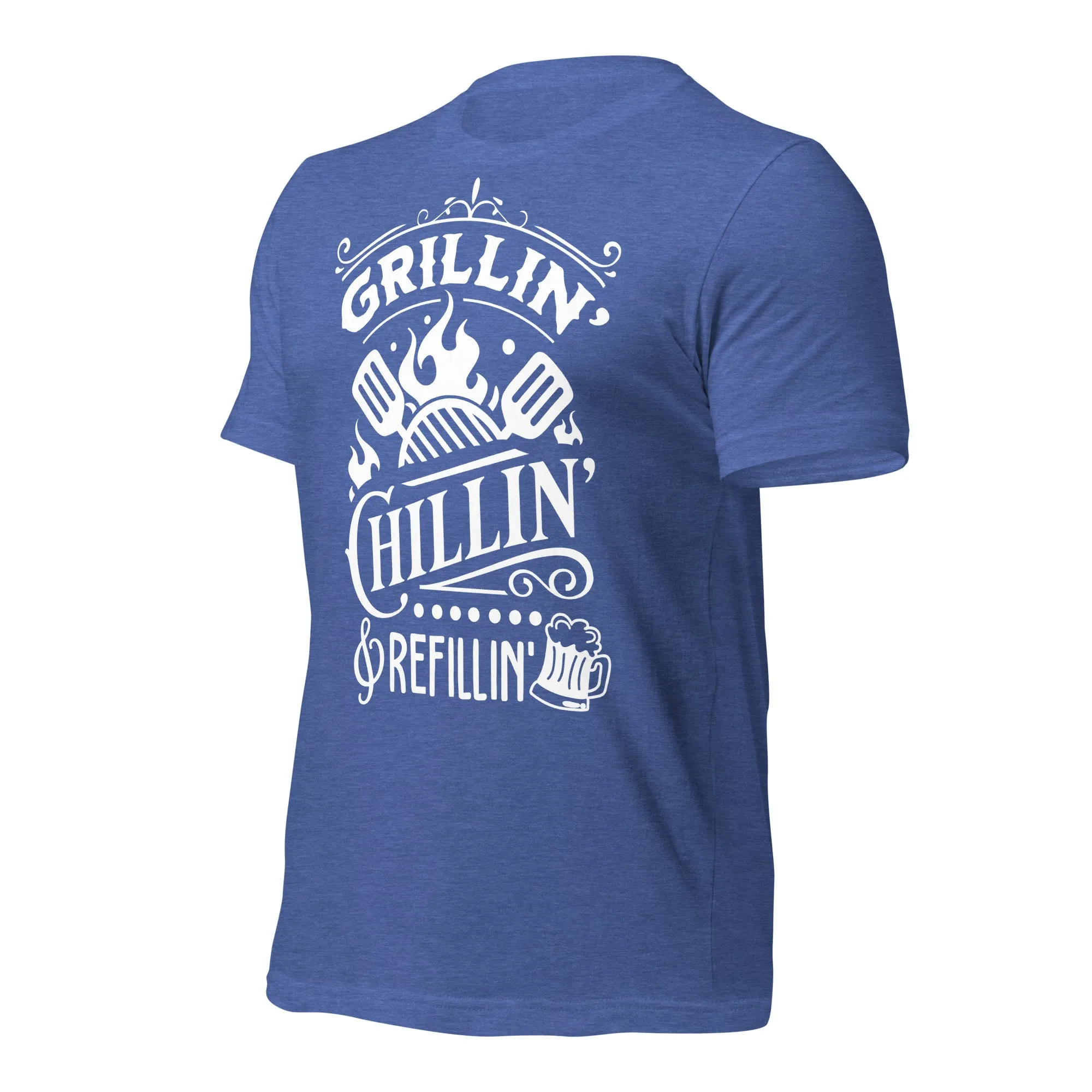 Grilling, Chilling, and Refilling Unisex T-shirt – Perfect for BBQ Lovers & Beer Fans