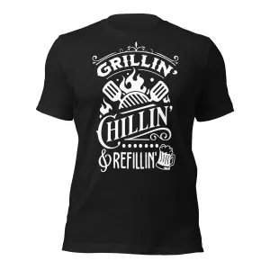 Grilling, Chilling, and Refilling Unisex T-shirt – Perfect for BBQ Lovers & Beer Fans