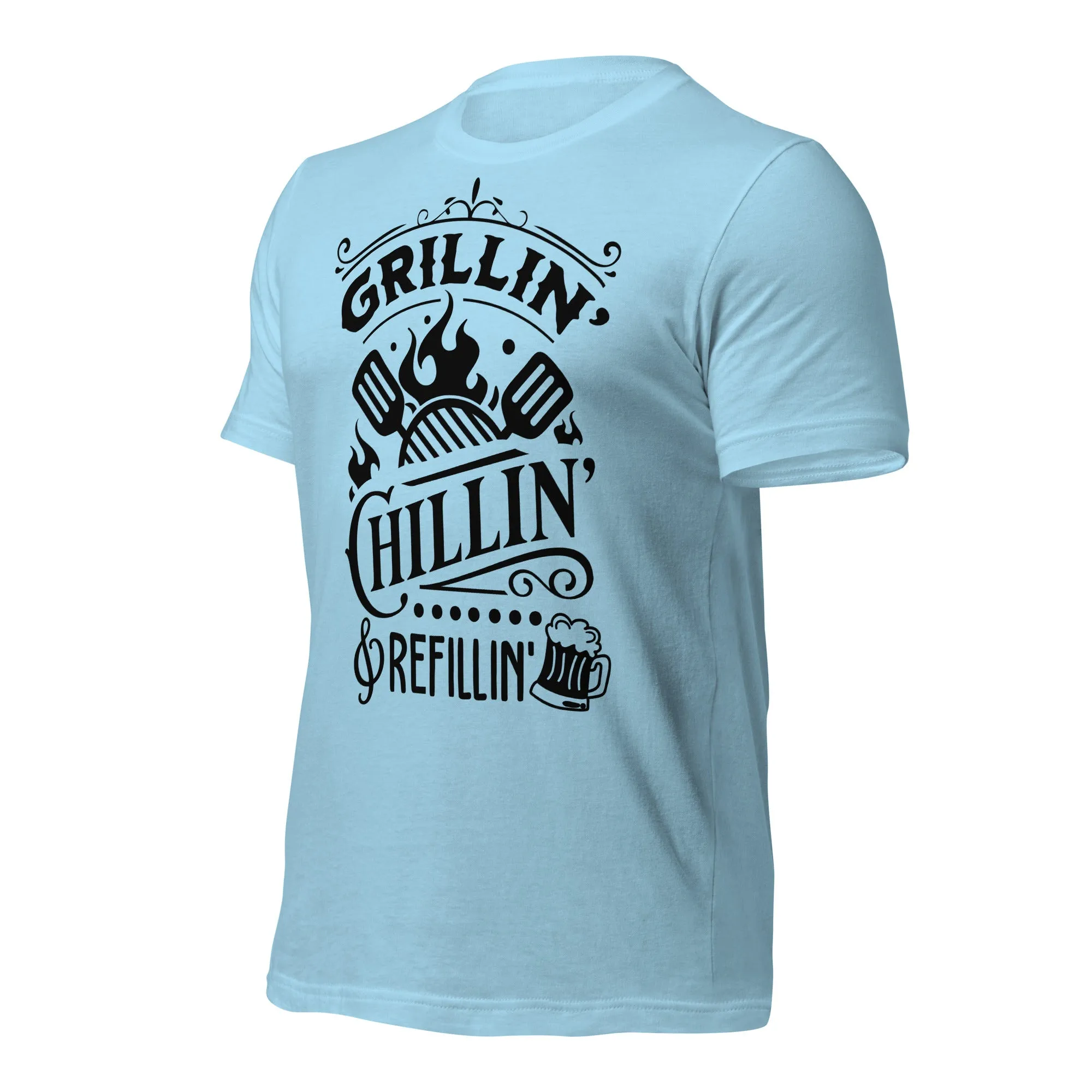 Grilling, Chilling, and Refilling Unisex T-shirt – Perfect for BBQ Lovers & Beer Fans
