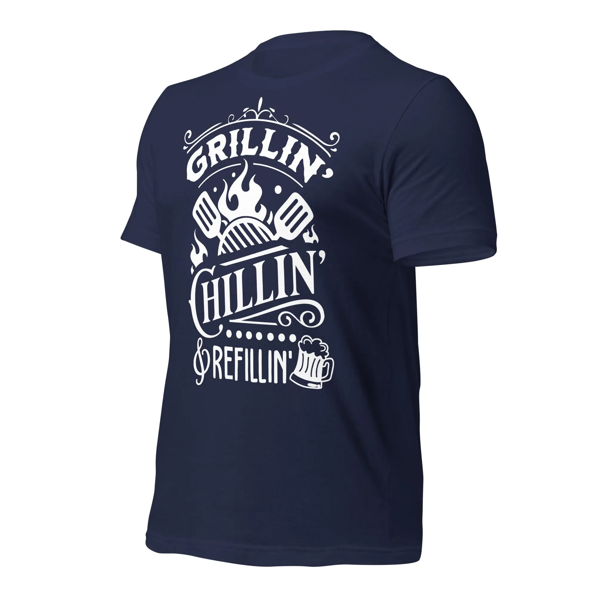 Grilling, Chilling, and Refilling Unisex T-shirt – Perfect for BBQ Lovers & Beer Fans