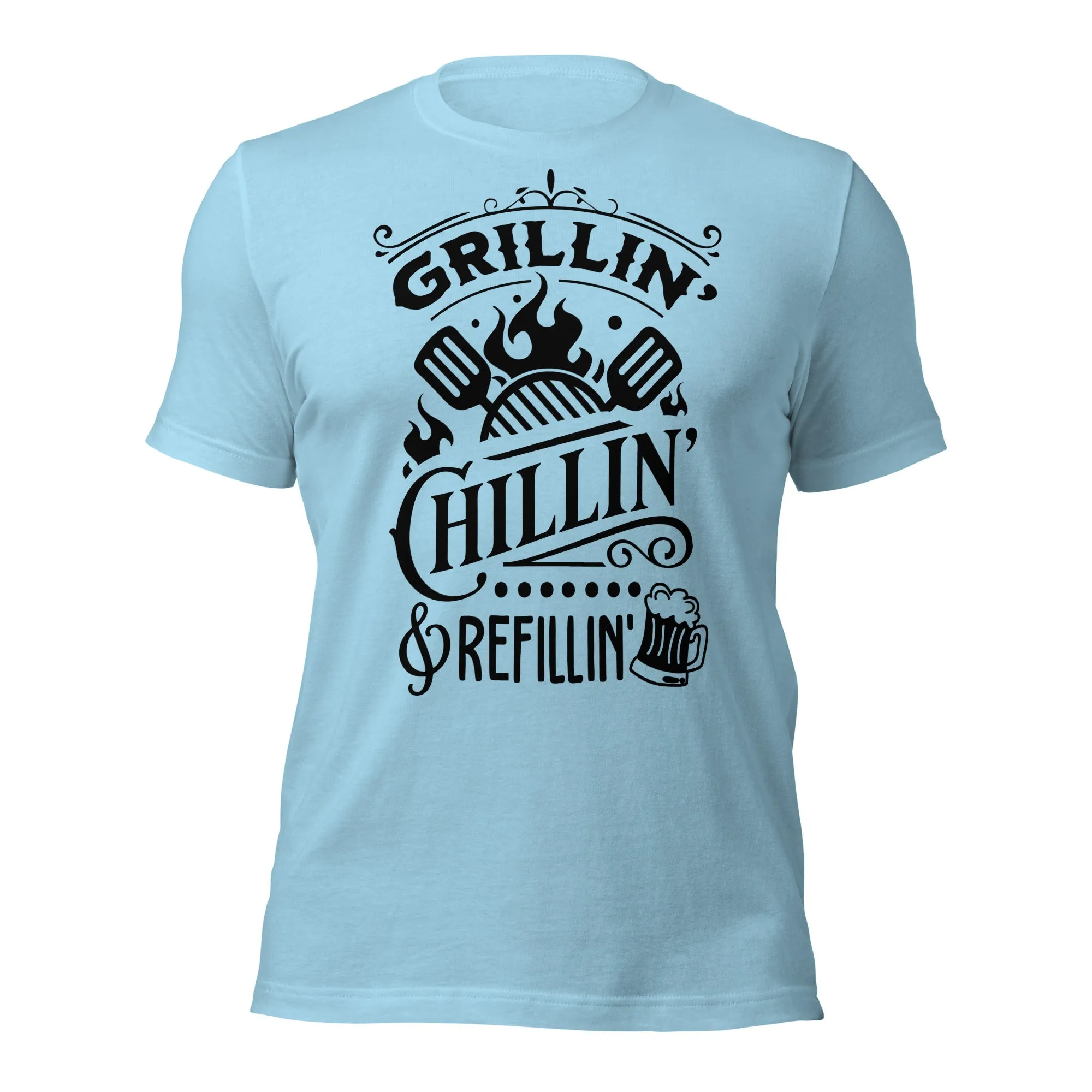Grilling, Chilling, and Refilling Unisex T-shirt – Perfect for BBQ Lovers & Beer Fans