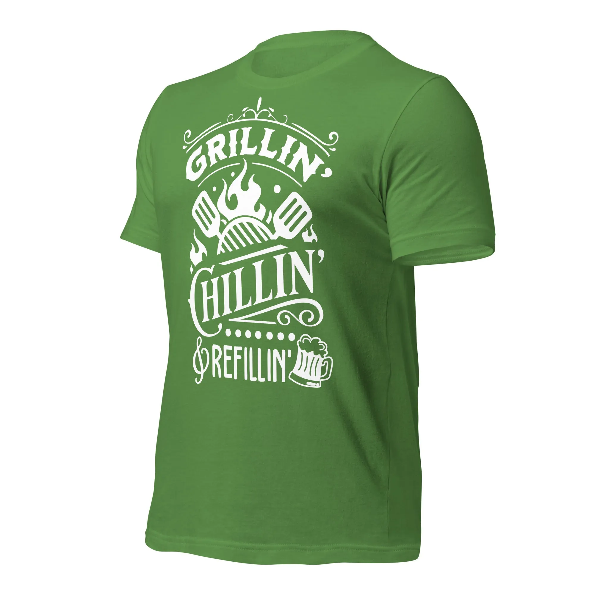 Grilling, Chilling, and Refilling Unisex T-shirt – Perfect for BBQ Lovers & Beer Fans