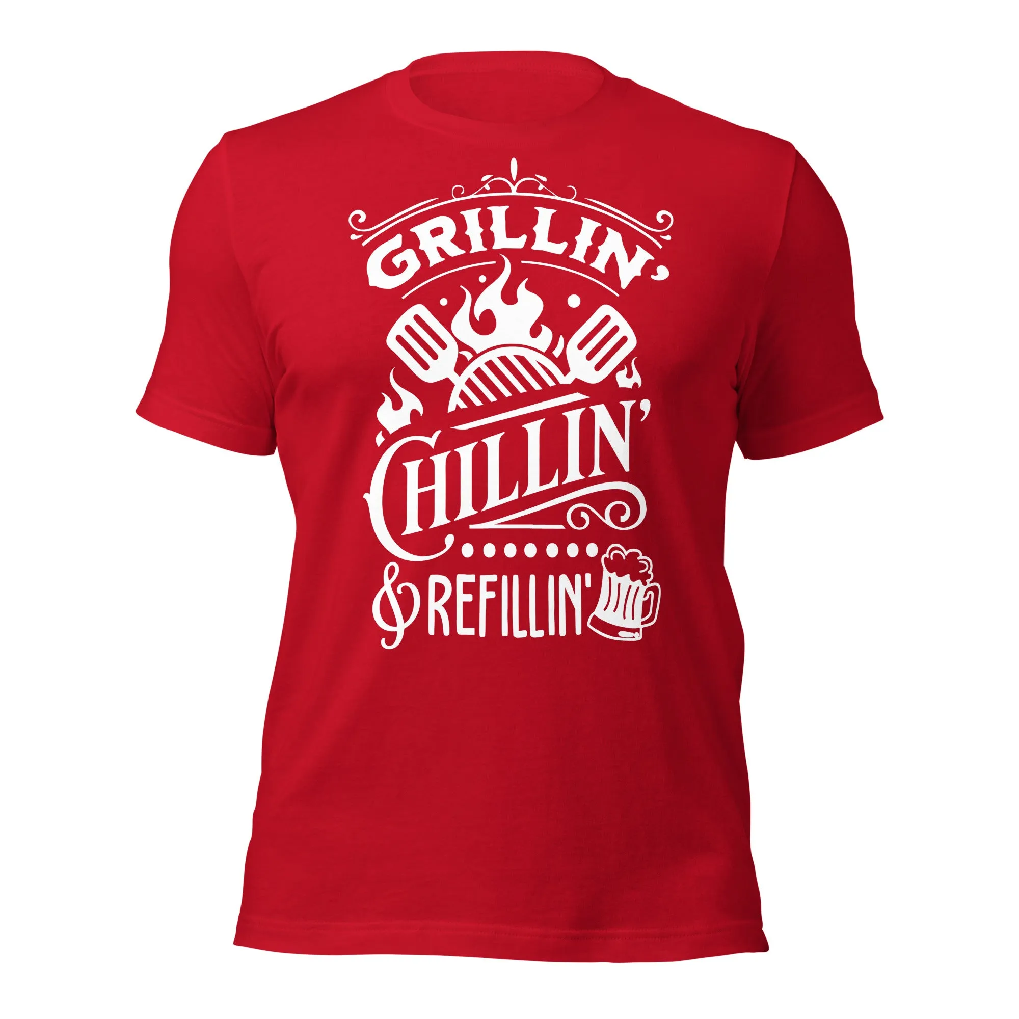 Grilling, Chilling, and Refilling Unisex T-shirt – Perfect for BBQ Lovers & Beer Fans