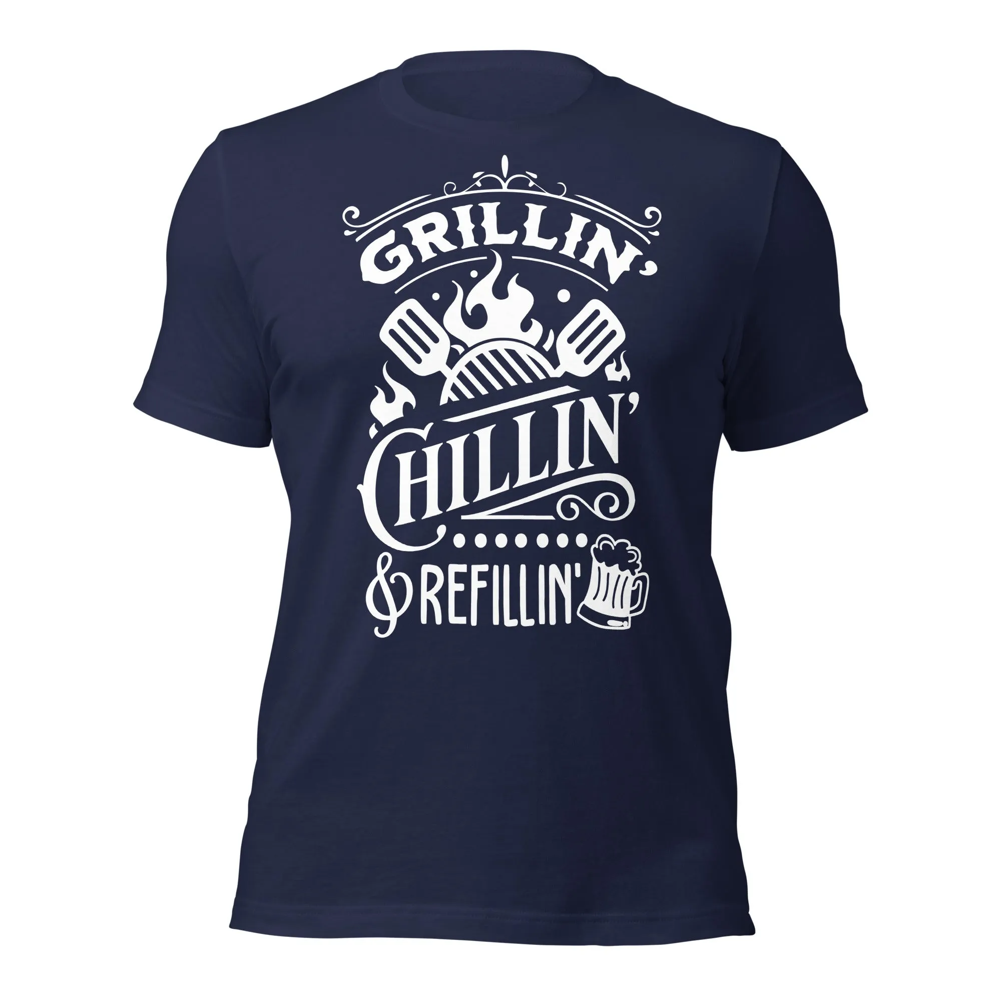 Grilling, Chilling, and Refilling Unisex T-shirt – Perfect for BBQ Lovers & Beer Fans
