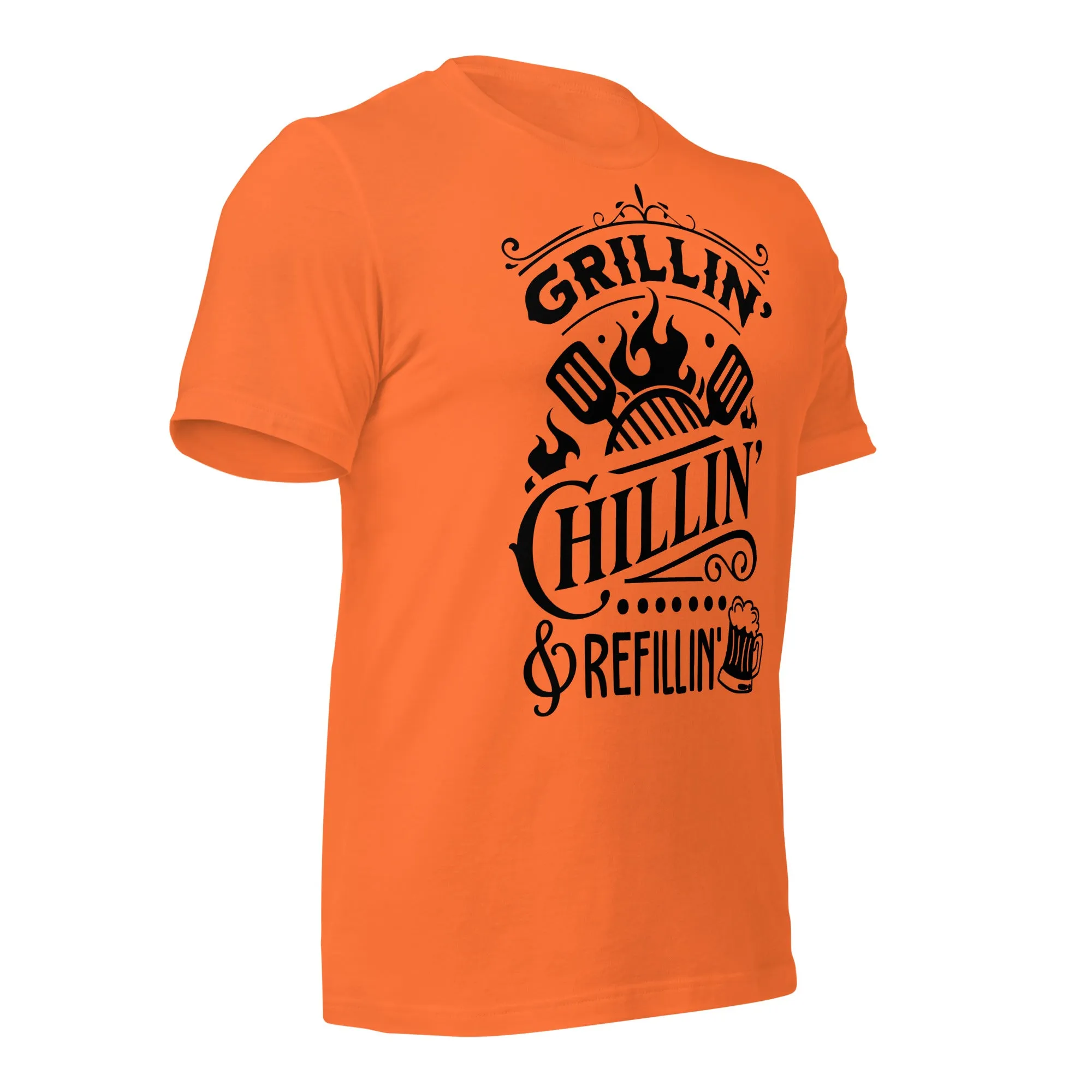 Grilling, Chilling, and Refilling Unisex T-shirt – Perfect for BBQ Lovers & Beer Fans