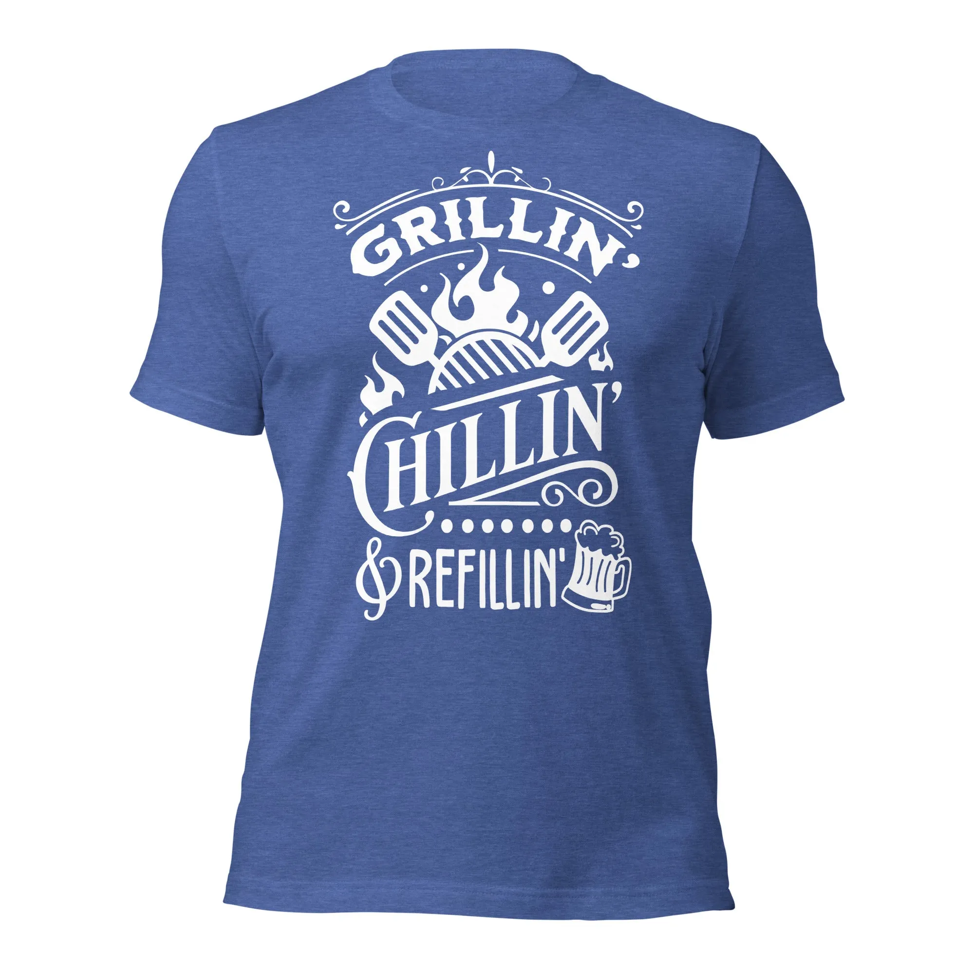 Grilling, Chilling, and Refilling Unisex T-shirt – Perfect for BBQ Lovers & Beer Fans