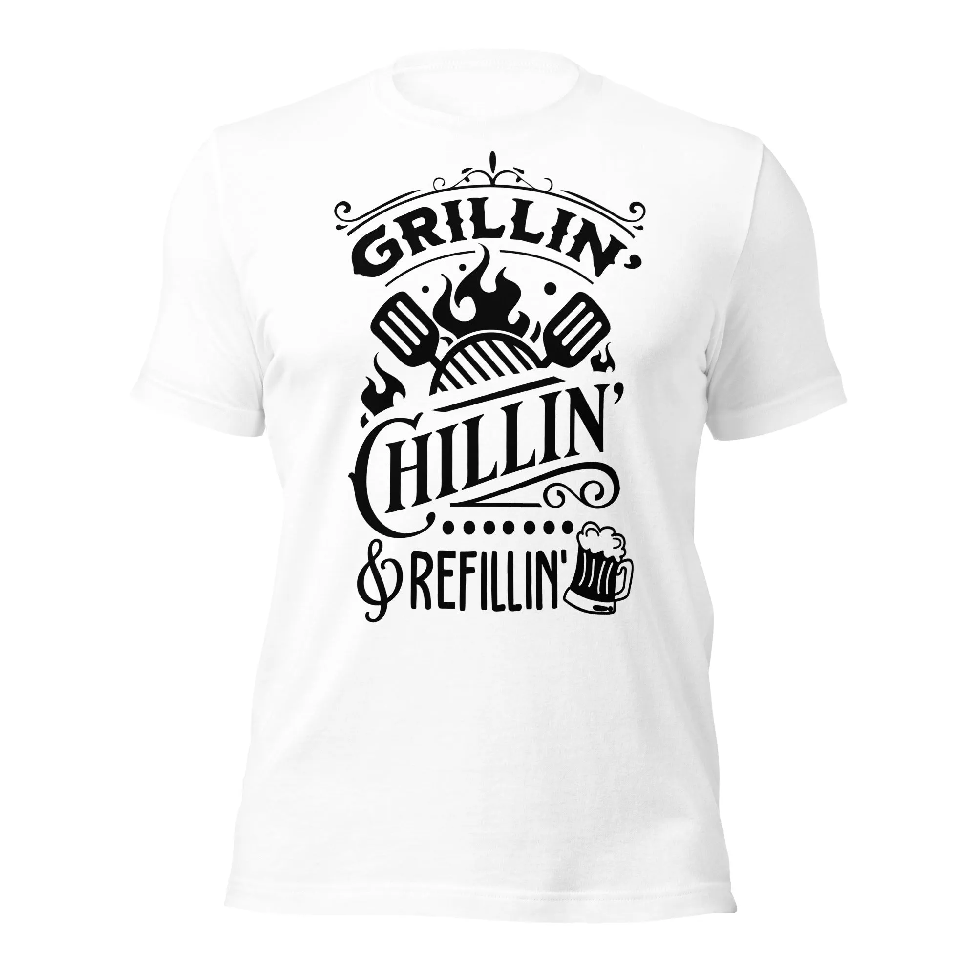 Grilling, Chilling, and Refilling Unisex T-shirt – Perfect for BBQ Lovers & Beer Fans