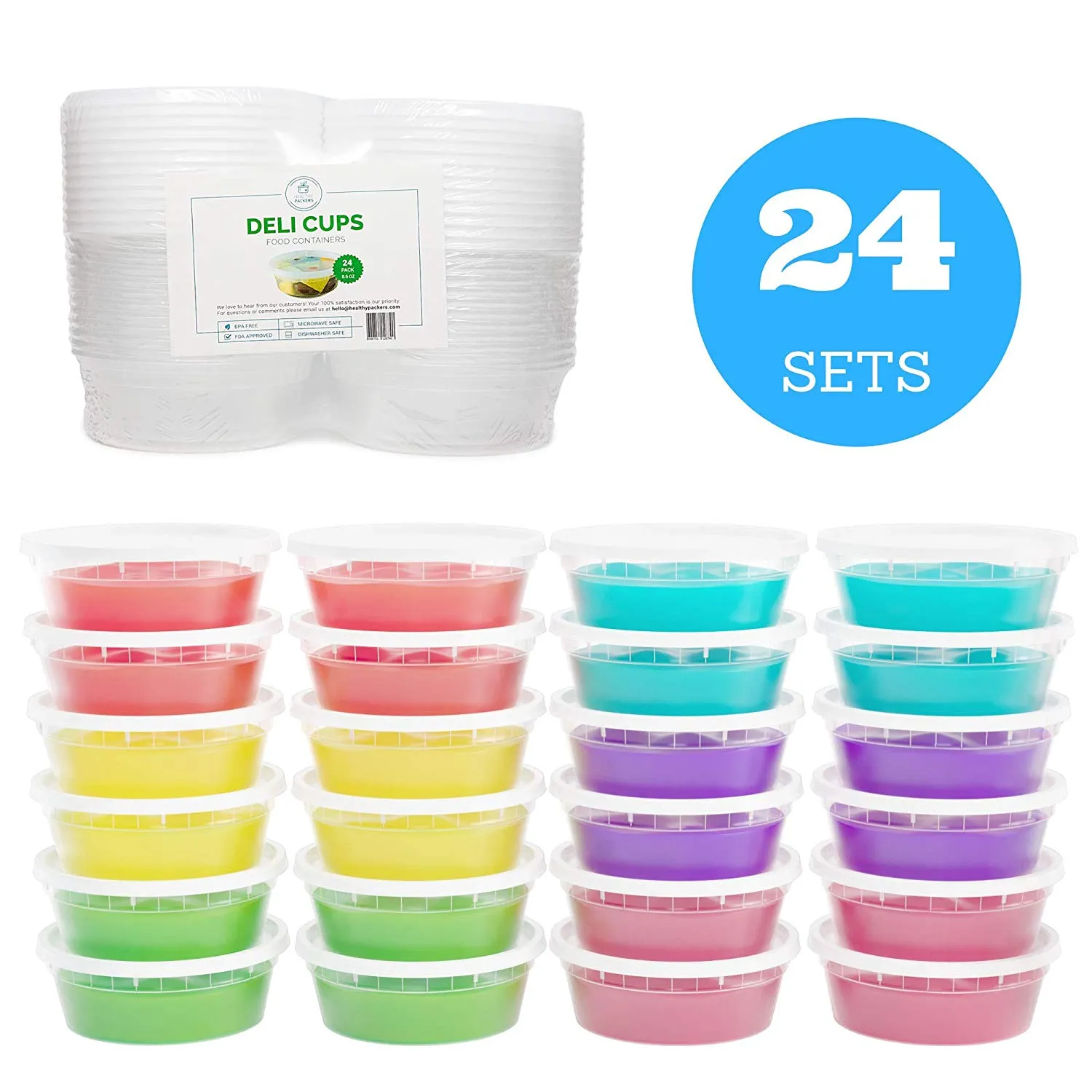 Healthy Packers 24 Pack of Extra-Thick Deli Cups, Food Storage Containers. 100% Leakproof. Freezer, Microwave and Dishwasher Safe (8, 16 or 32 oz))