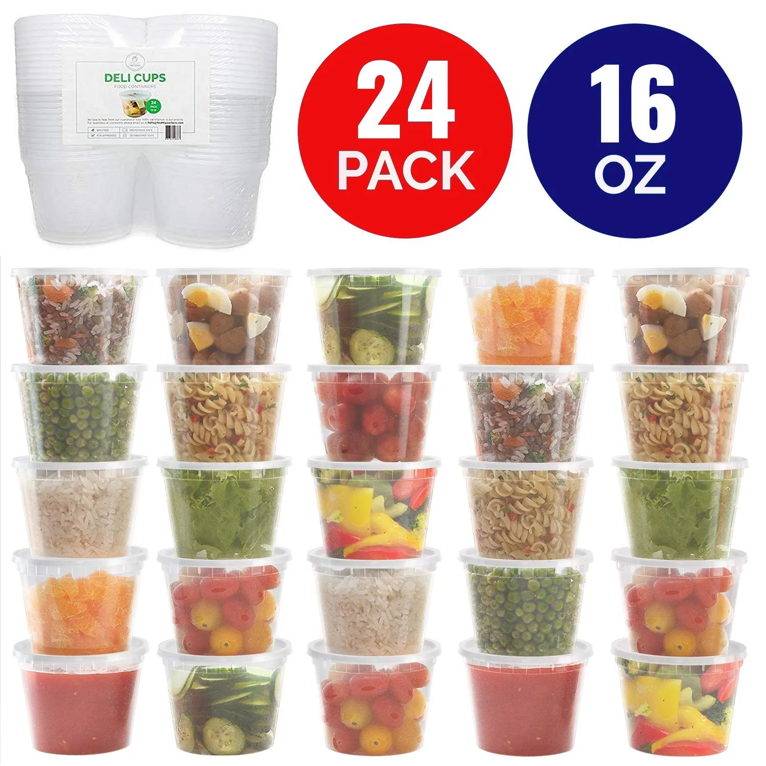 Healthy Packers 24 Pack of Extra-Thick Deli Cups, Food Storage Containers. 100% Leakproof. Freezer, Microwave and Dishwasher Safe (8, 16 or 32 oz))