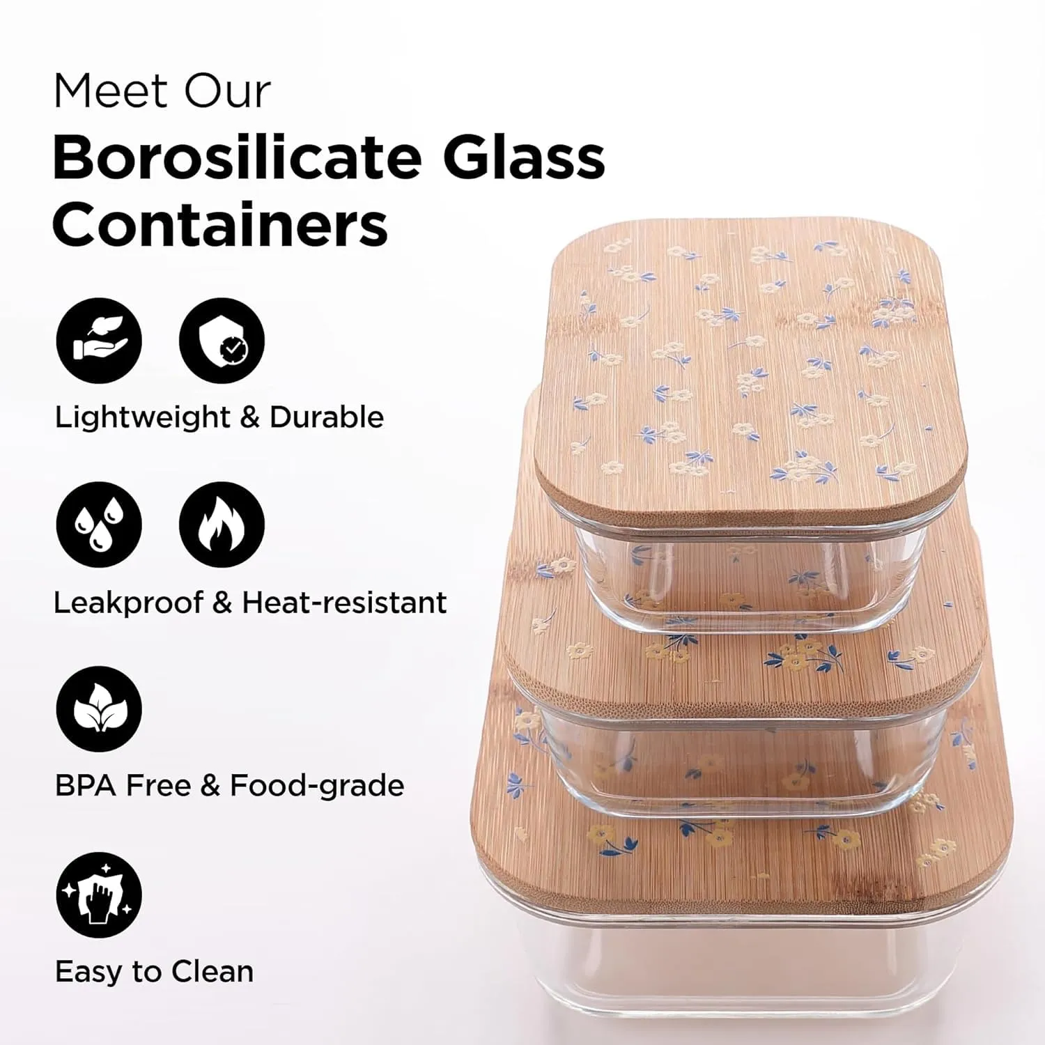 Homestic Pack of 3 Borosilicate Glass Kitchen Containers with Bamboo Lid | 370ml 640ml 1060ml | Airtight Rectangular Fridge Storage Boxes |kitchen organizer items & storage| Happy Dance Print