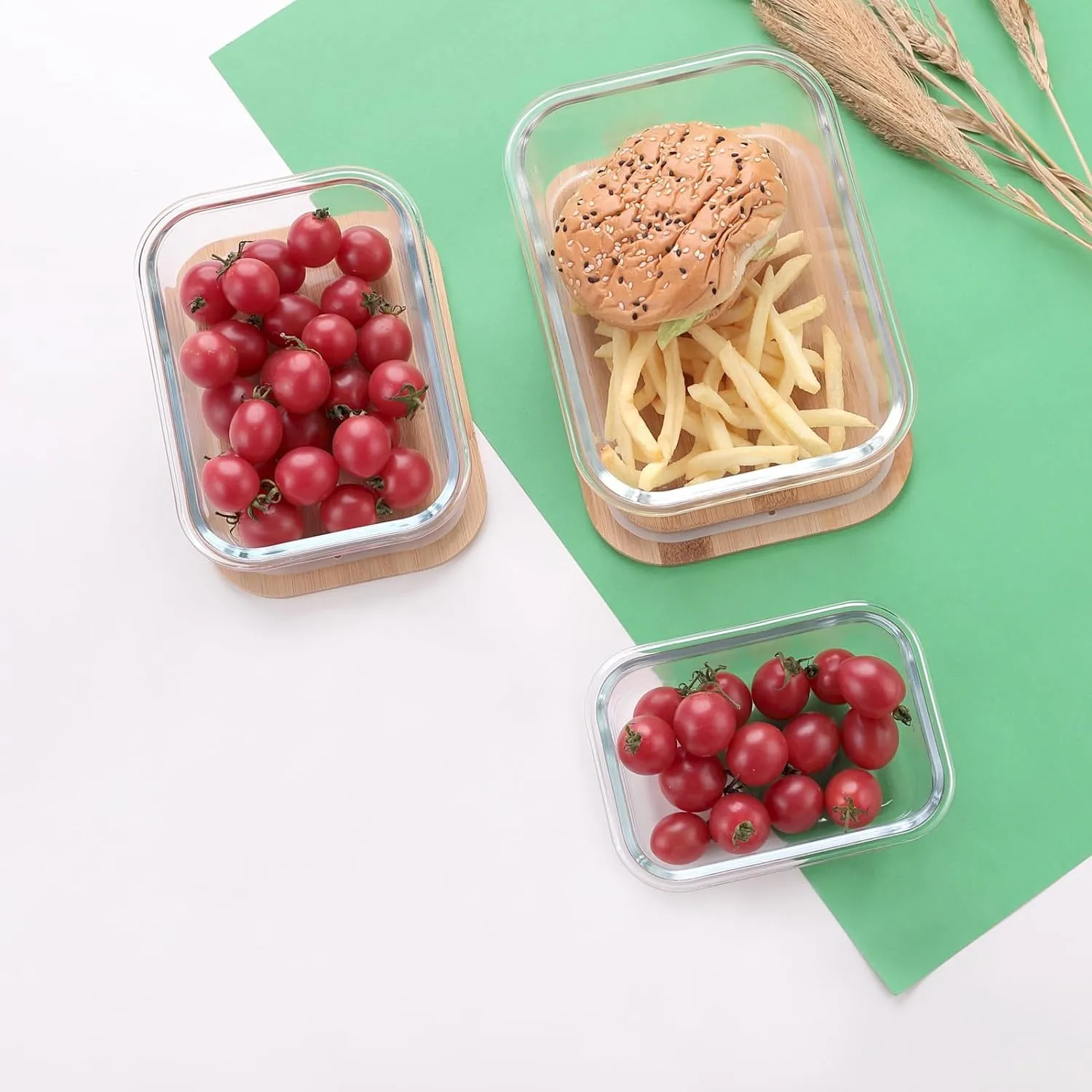 Homestic Pack of 3 Borosilicate Kitchen Containers with Bamboo Lid | Glass Containers with lid | Airtight | 370ml 640ml 1060ml | kitchen accessories items| Multipurpose | Ratatouille Print
