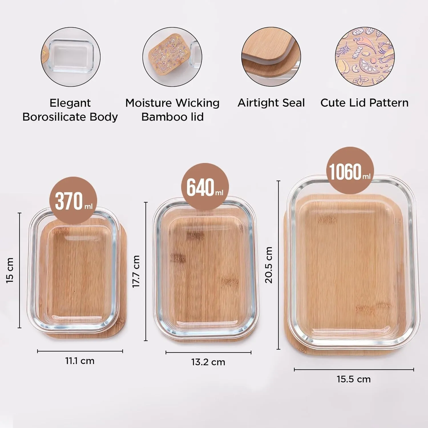 Homestic Pack of 3 Borosilicate Kitchen Containers with Bamboo Lid | Glass Containers with lid | Airtight | 370ml 640ml 1060ml | kitchen accessories items| Multipurpose | Ratatouille Print