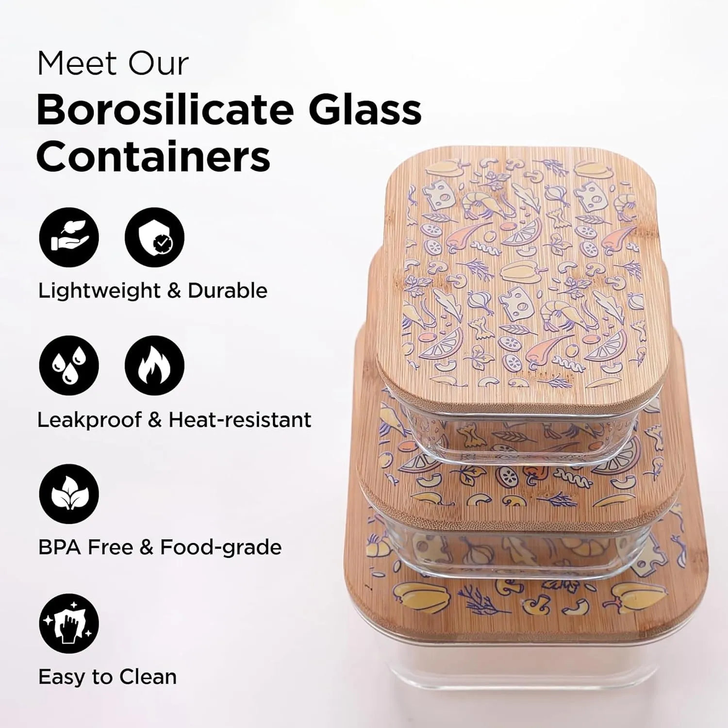 Homestic Pack of 3 Borosilicate Kitchen Containers with Bamboo Lid | Glass Containers with lid | Airtight | 370ml 640ml 1060ml | kitchen accessories items| Multipurpose | Ratatouille Print