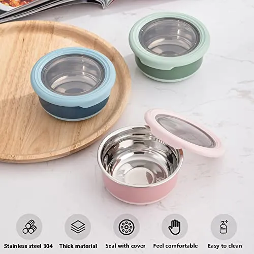 Lille Home 7.5 OZ Dressing Containers for Condiments, Salad Dressing, Dips, Snacks, Stainless Steel Dipping Sauce Cups, Mini Food Storage Containers with Lid, Set of 3, Leakproof, BPA Free
