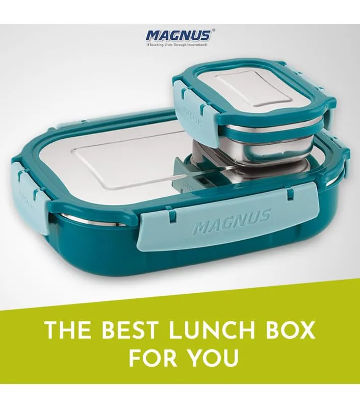 Magnus Spike Lunch Box SP (Teal Blue) - Stainless Steel Office Lunchbox Set with 800ml & 150ml Leakproof Containers for Men, Women, Kids - Ideal Tiffin for School, Picnic, Airtight & Insulated Design