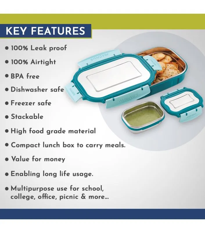 Magnus Spike Lunch Box SP (Teal Blue) - Stainless Steel Office Lunchbox Set with 800ml & 150ml Leakproof Containers for Men, Women, Kids - Ideal Tiffin for School, Picnic, Airtight & Insulated Design