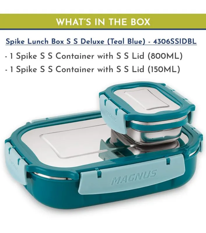 Magnus Spike Lunch Box SP (Teal Blue) - Stainless Steel Office Lunchbox Set with 800ml & 150ml Leakproof Containers for Men, Women, Kids - Ideal Tiffin for School, Picnic, Airtight & Insulated Design