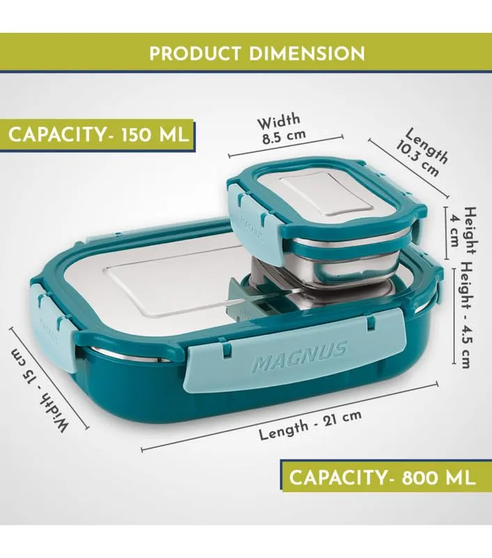 Magnus Spike Lunch Box SP (Teal Blue) - Stainless Steel Office Lunchbox Set with 800ml & 150ml Leakproof Containers for Men, Women, Kids - Ideal Tiffin for School, Picnic, Airtight & Insulated Design