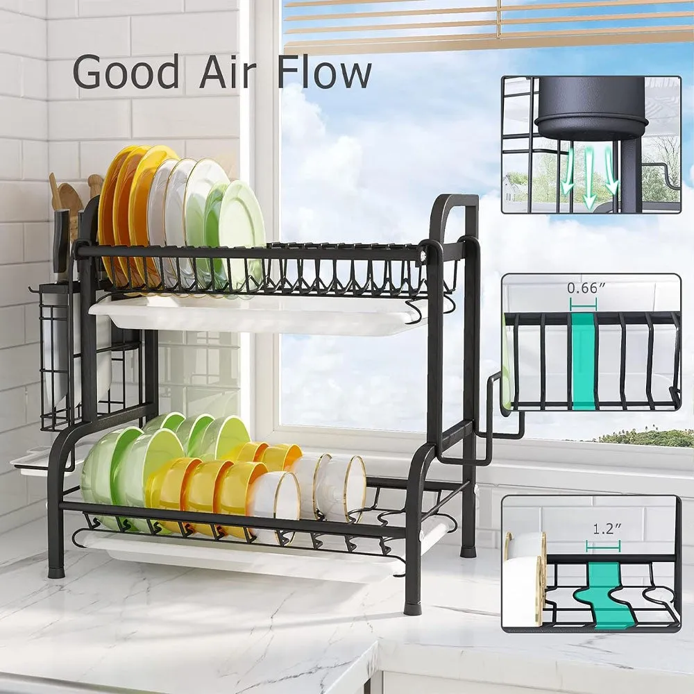 (Net) Dish Drying Rack 2-Tier Dish Rack with Removable Drainboard Stainless Steel Cutting Board Holder for Kitchen Organization
