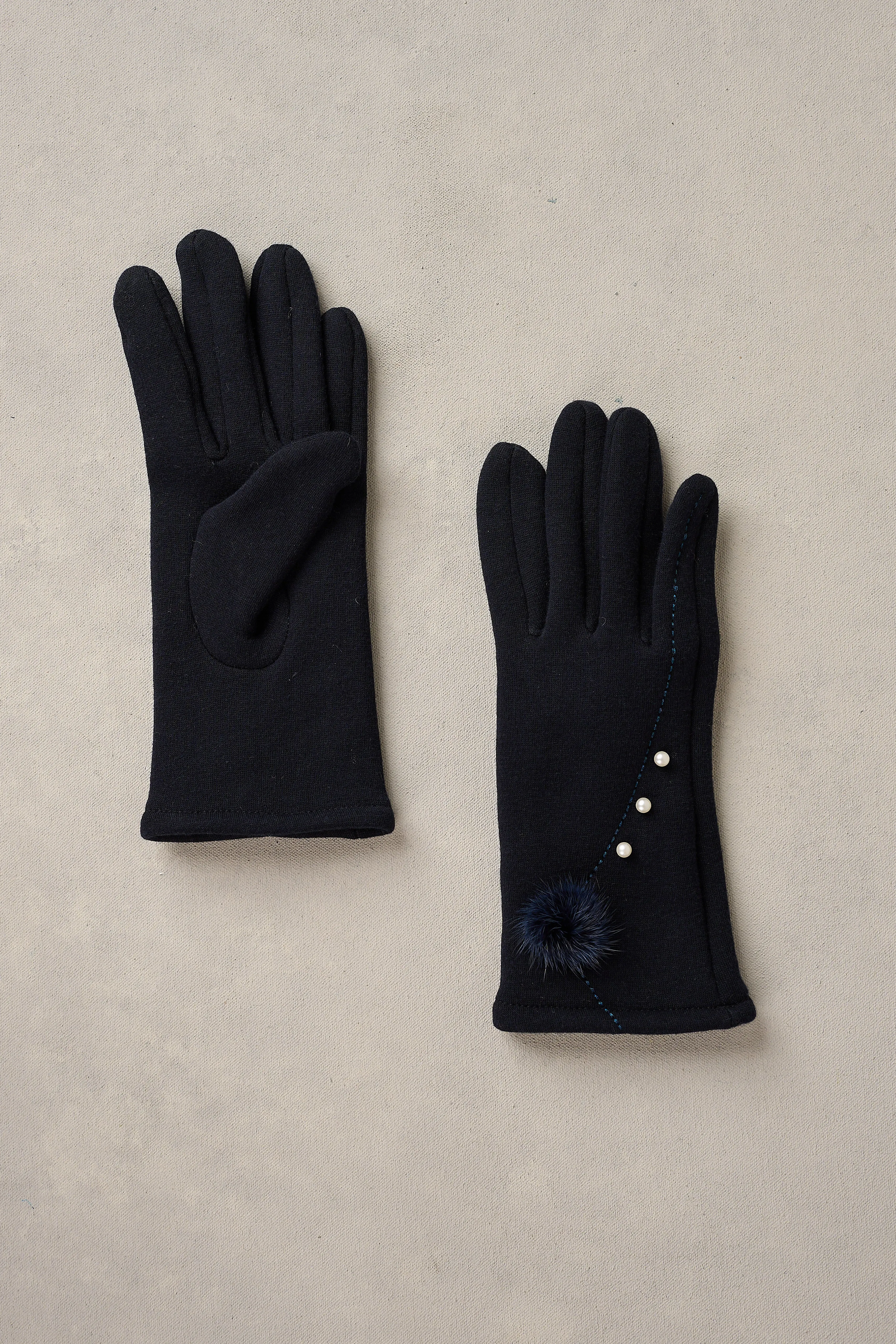 Pearl Trim Pom Gloves - Navy
