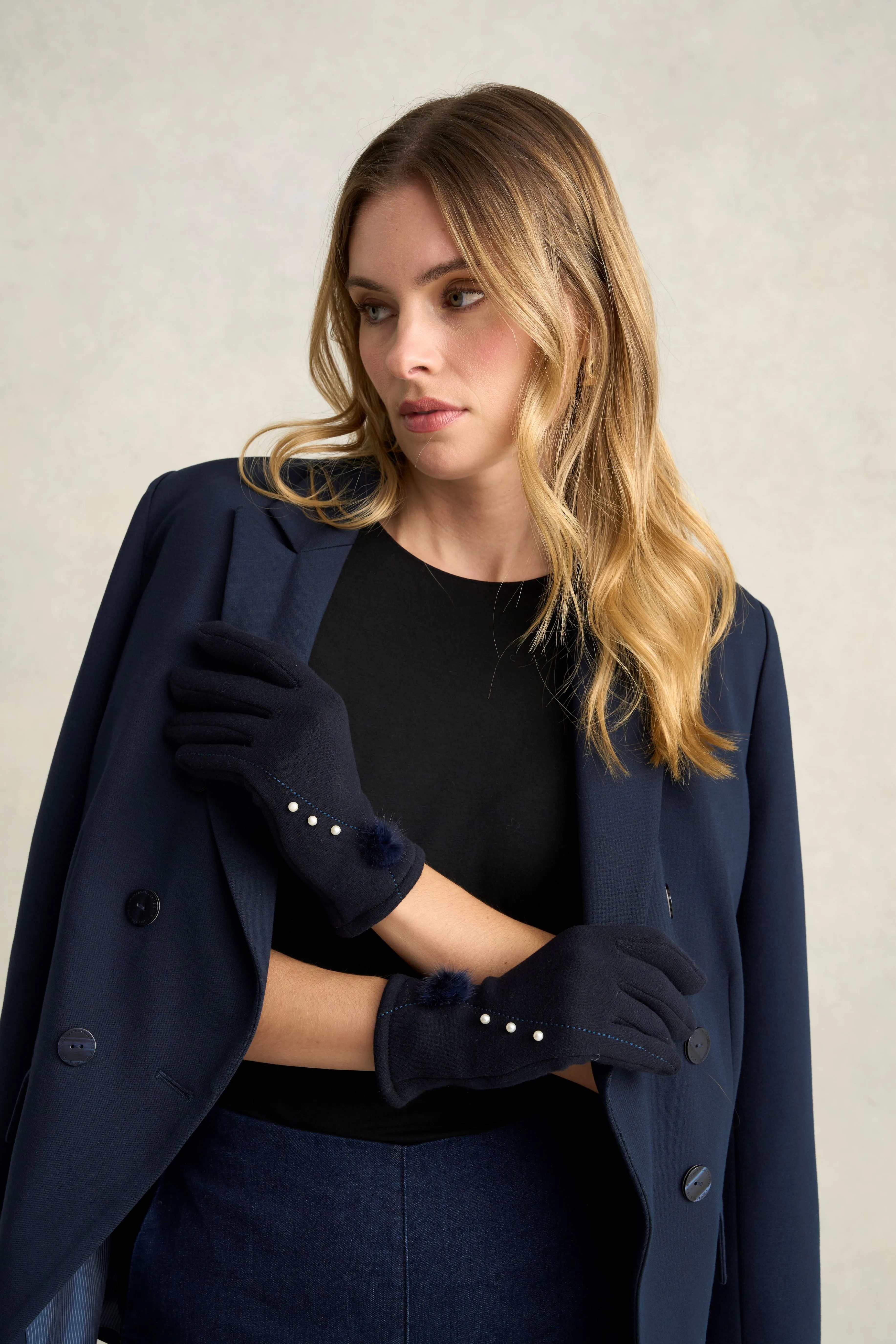 Pearl Trim Pom Gloves - Navy