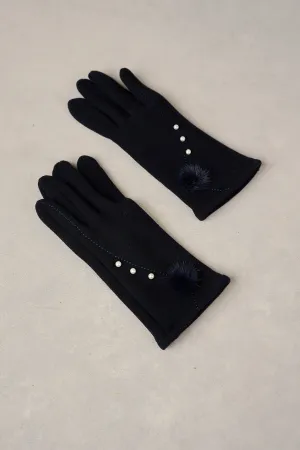Pearl Trim Pom Gloves - Navy