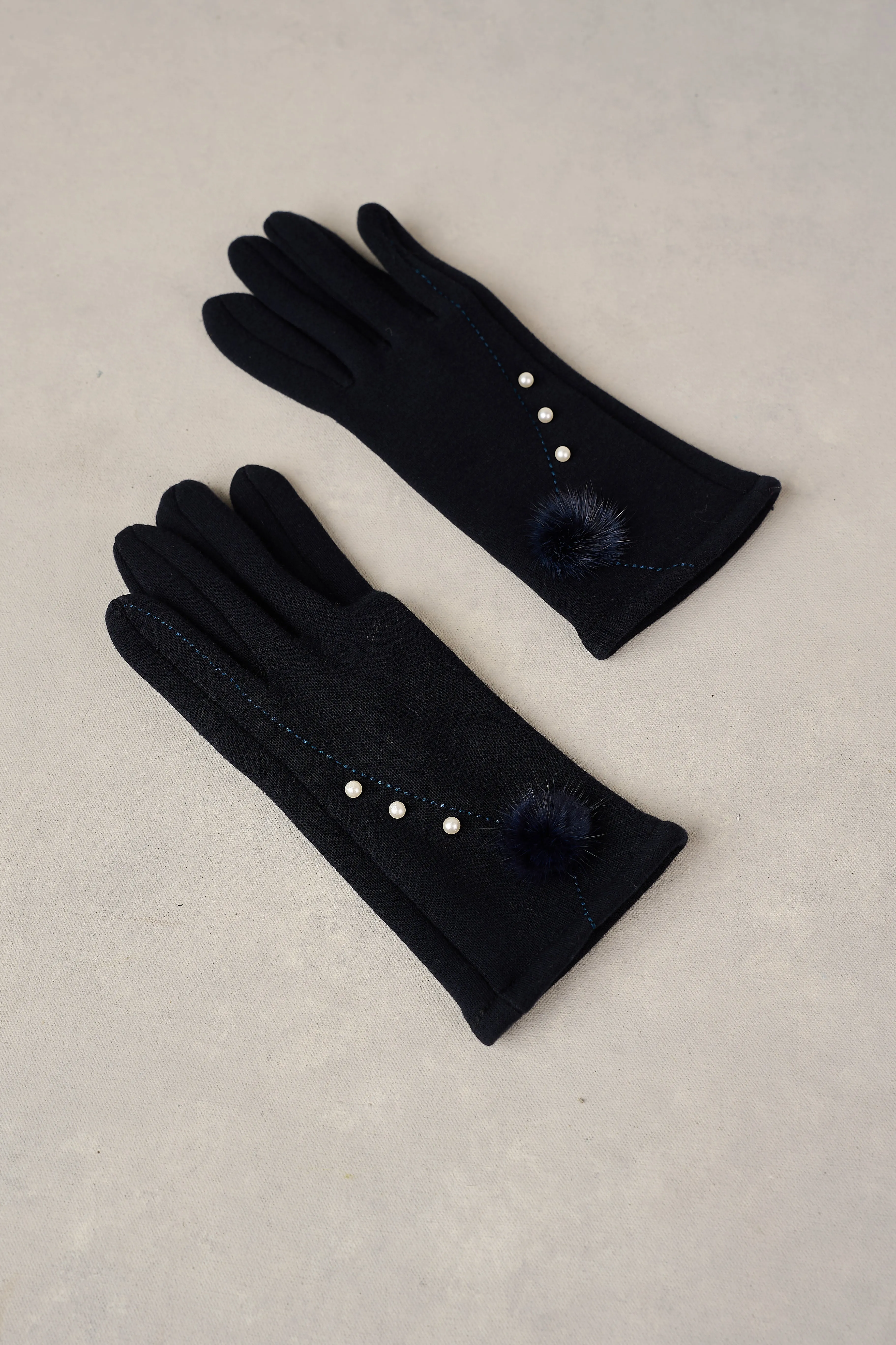 Pearl Trim Pom Gloves - Navy