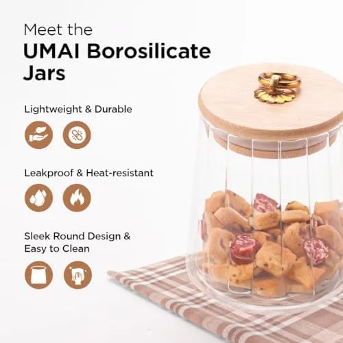 UMAI Borosilicate Glass Jar with Bamboo Lid | Kitchen Organizer Items and Storage | Multi-utility, Leakproof, Airtight Storage Jar for Cookies, Snacks, Tea, Coffee, Sugar (620 ml) (620ml (Pack of 4))