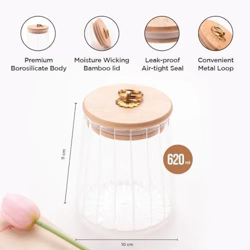 UMAI Borosilicate Glass Jar with Bamboo Lid | Kitchen Organizer Items and Storage | Multi-utility, Leakproof, Airtight Storage Jar for Cookies, Snacks, Tea, Coffee, Sugar (620 ml) (620ml (Pack of 4))