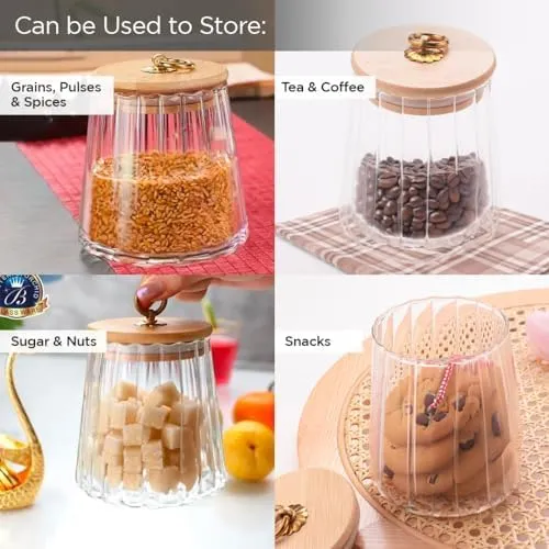 UMAI Borosilicate Glass Jar with Bamboo Lid | Kitchen Organizer Items and Storage | Multi-utility, Leakproof, Airtight Storage Jar for Cookies, Snacks, Tea, Coffee, Sugar (620 ml) (620ml (Pack of 4))